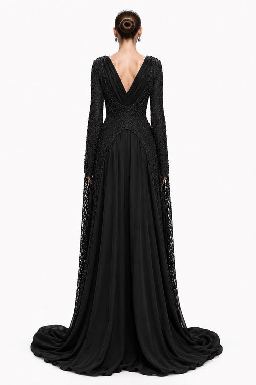 Black Beaded Cape-Panel Gown - back