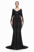 Black Lace Off-Shoulder Cape Gown - front