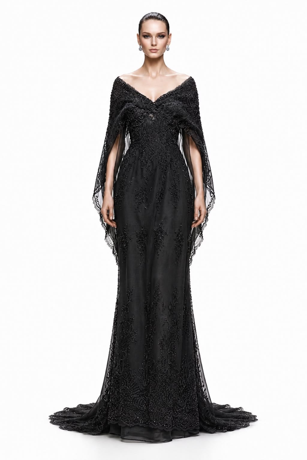 Black Lace Off-Shoulder Cape Gown - front