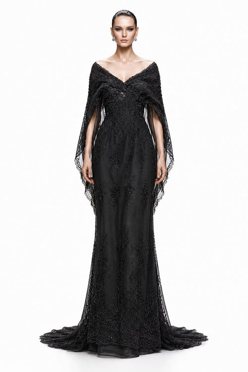 Black Lace Off-Shoulder Cape Gown - front