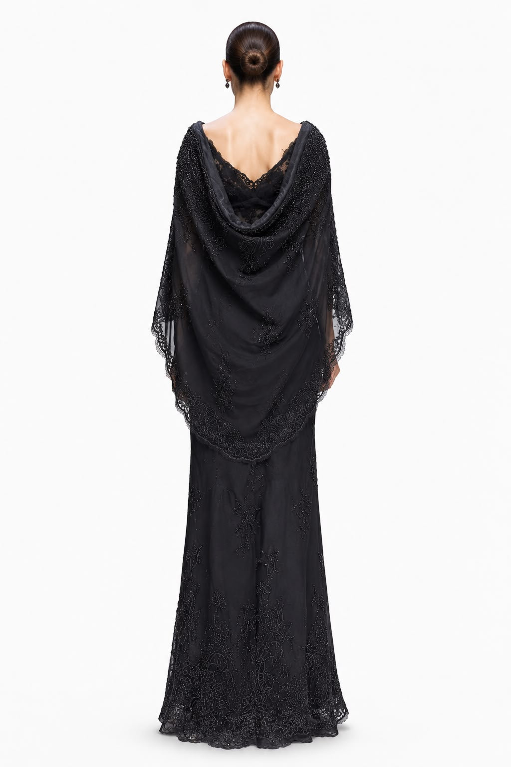 Black Lace Off-Shoulder Cape Gown - back