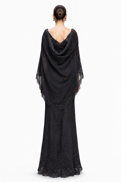 Black Lace Off-Shoulder Cape Gown - back