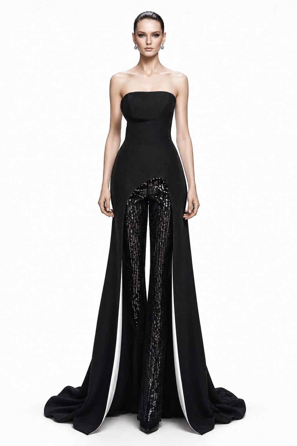 Black Overskirt Gown & Sequin Trousers - front