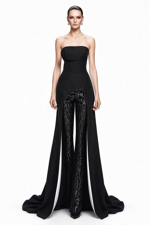 Black Overskirt Gown & Sequin Trousers - front