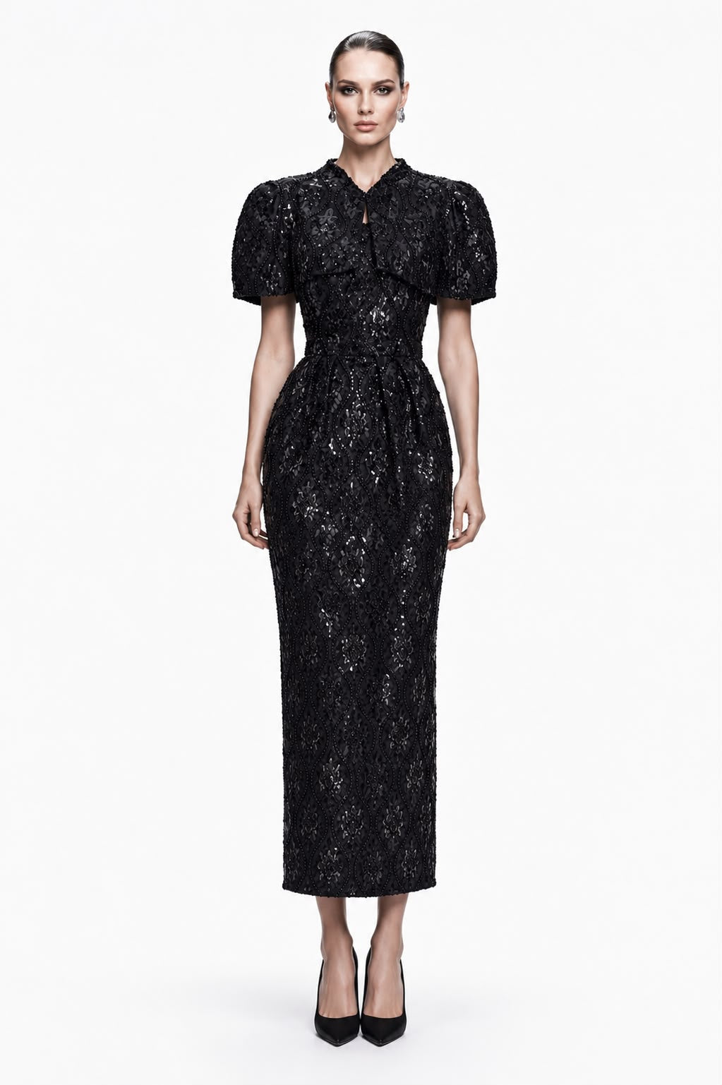 Black Sequin Lace Column Dress - front
