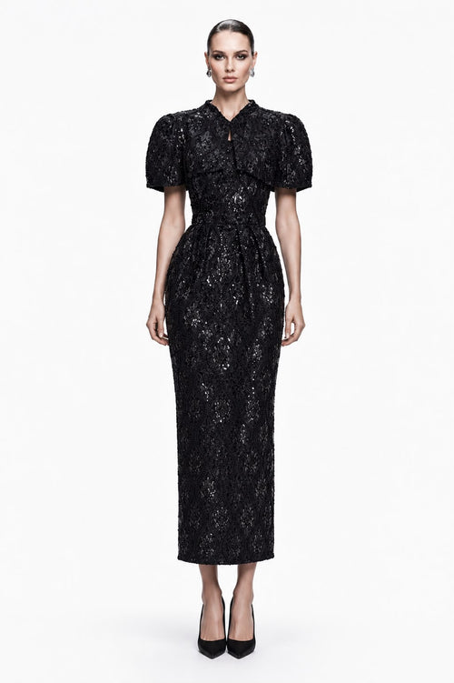 Black Sequin Lace Column Dress - front