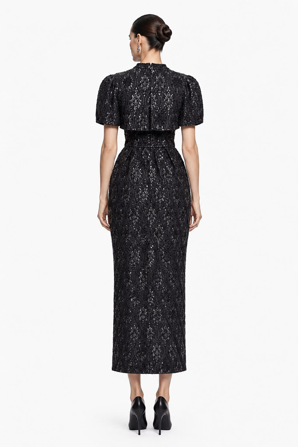 Black Sequin Lace Column Dress - back