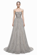Silver Beaded A-Line Tulle Gown - front