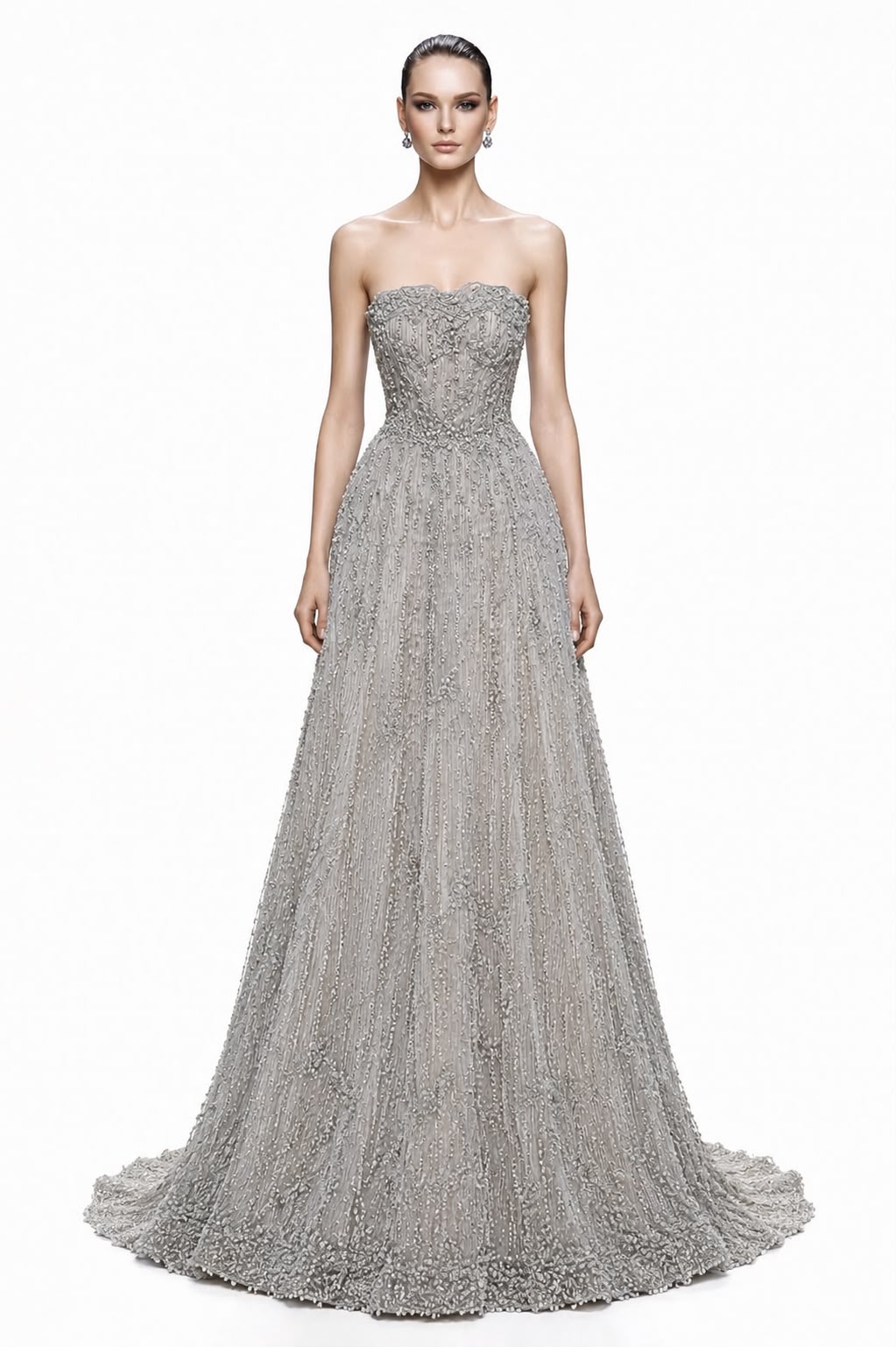 Silver Beaded A-Line Tulle Gown - front