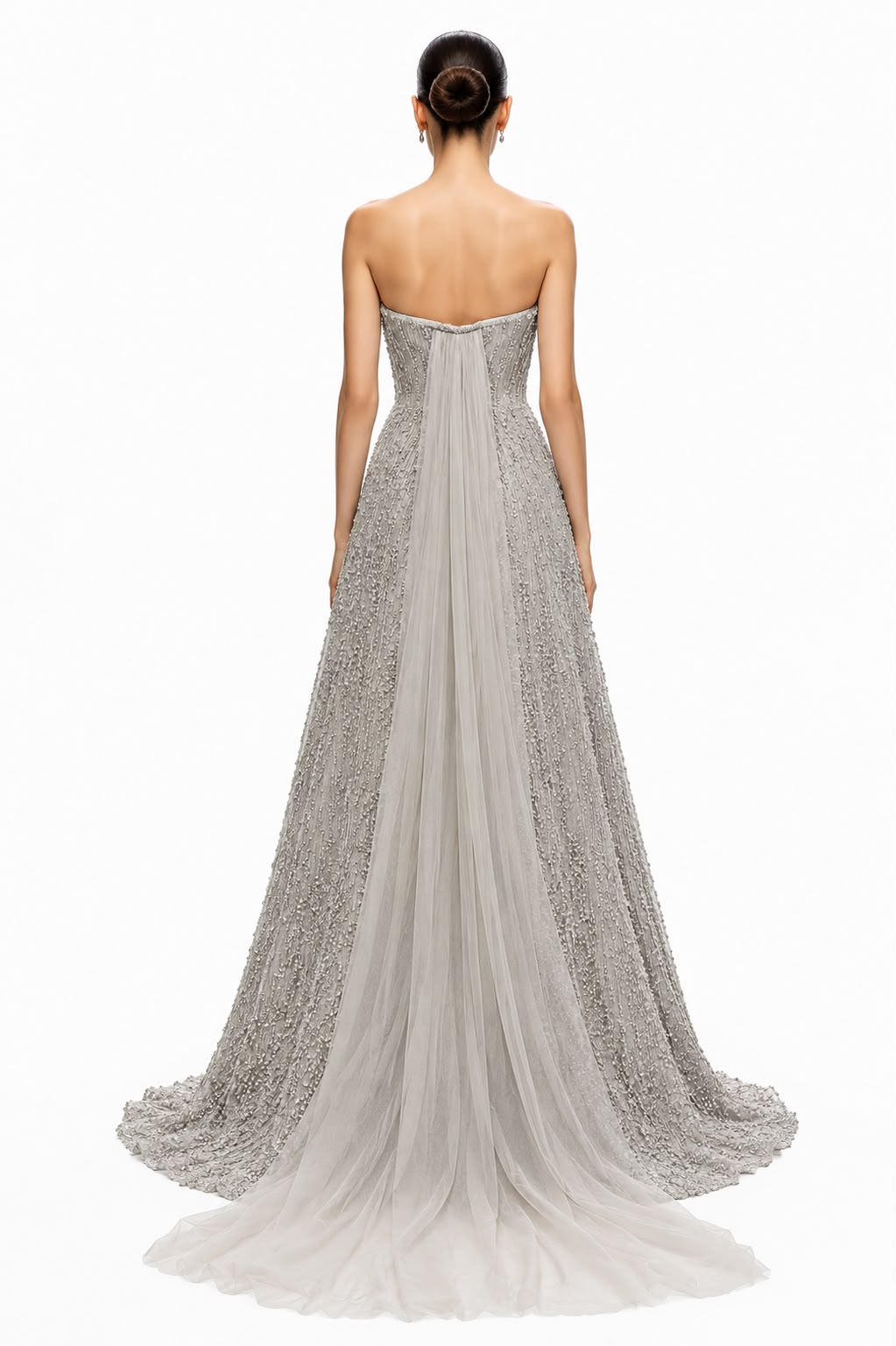 Silver Beaded A-Line Tulle Gown - back