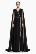 Black Lace Gold-Trim Cape Gown - front