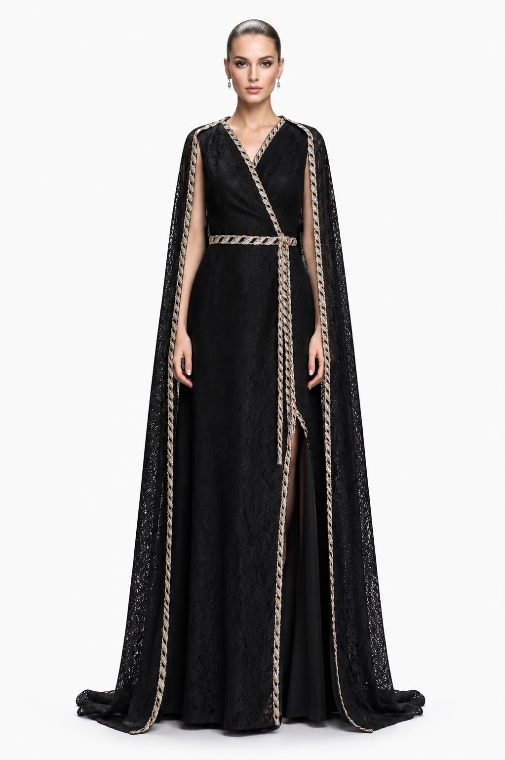 Black Lace Gold-Trim Cape Gown - front