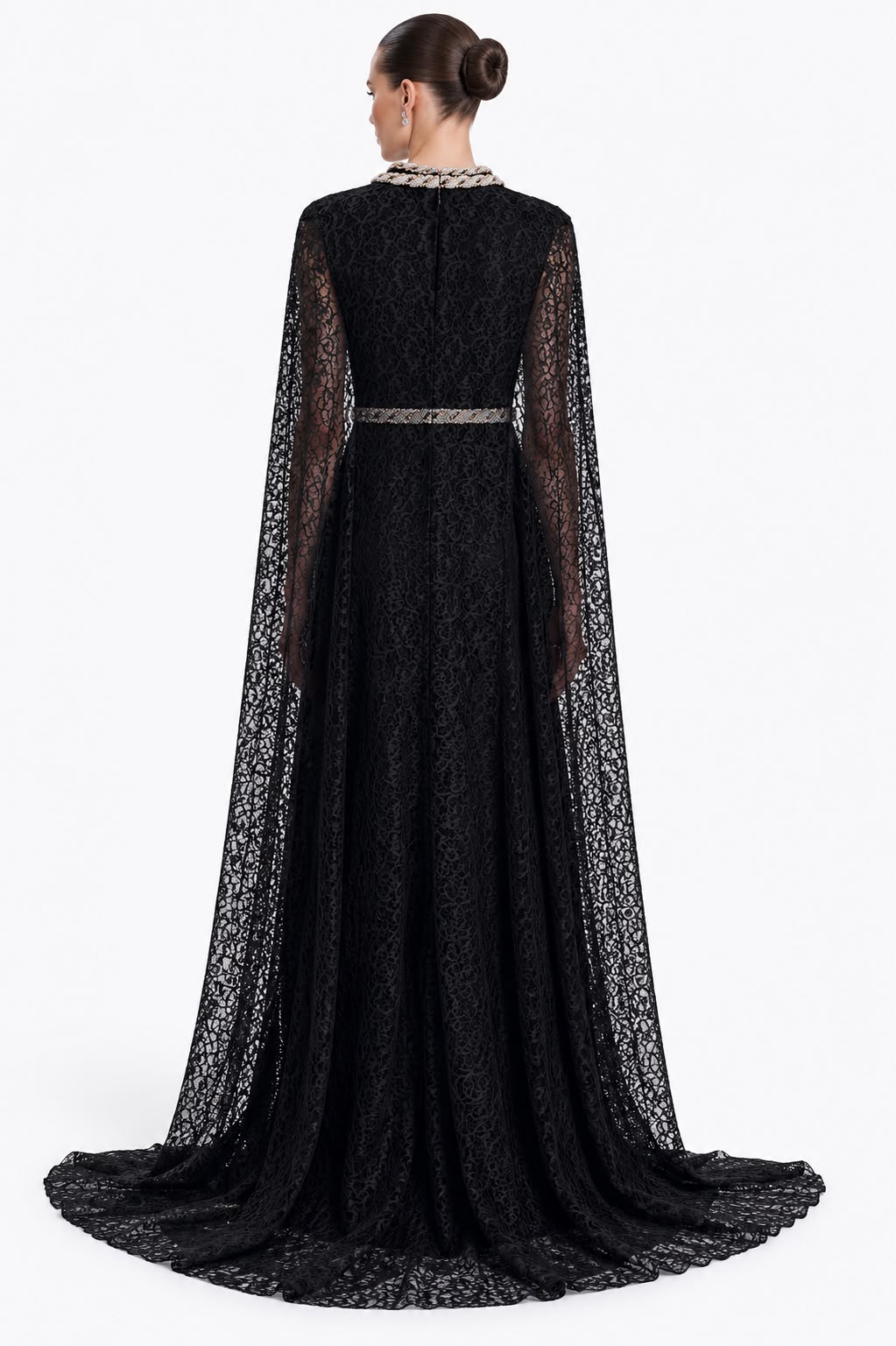 Black Lace Gold-Trim Cape Gown - back