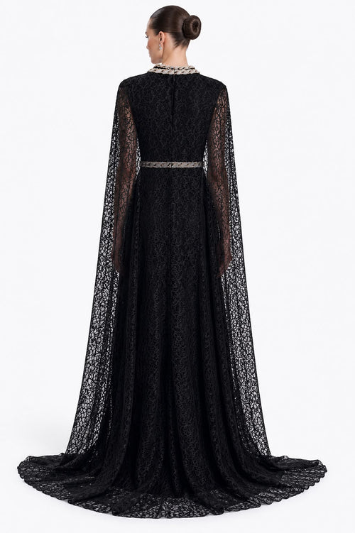 Black Lace Gold-Trim Cape Gown - back