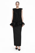Black Sequin Ruffle Peplum Gown - front