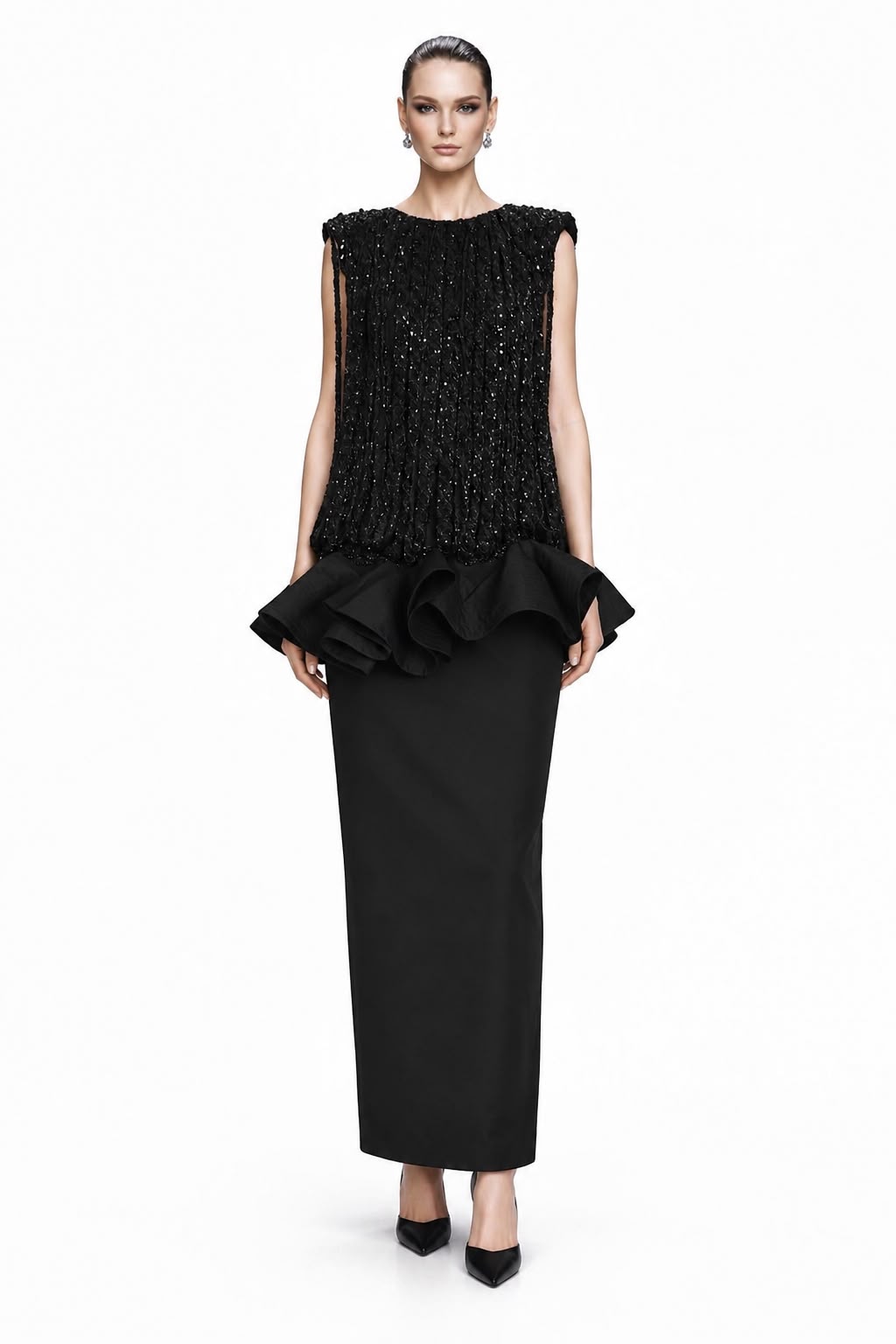 Black Sequin Ruffle Peplum Gown - front
