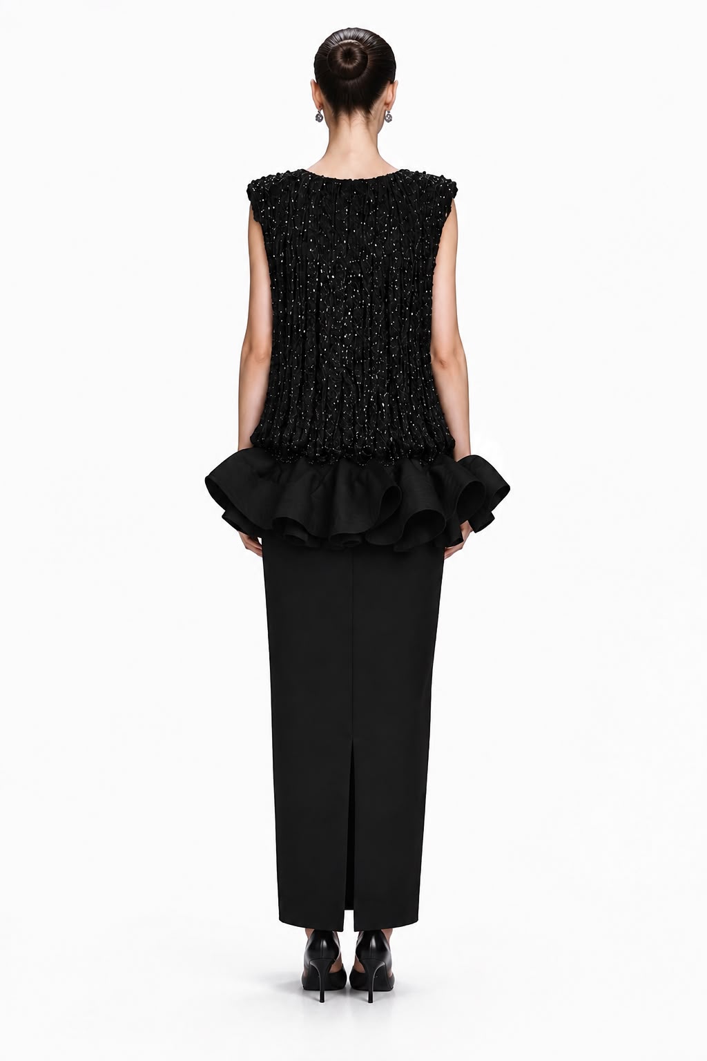 Black Sequin Ruffle Peplum Gown - back