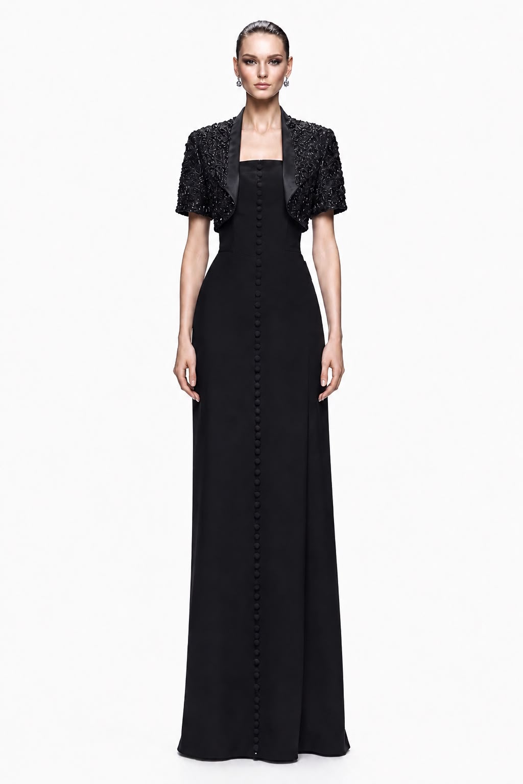 Black Crepe Bolero Button Gown - front