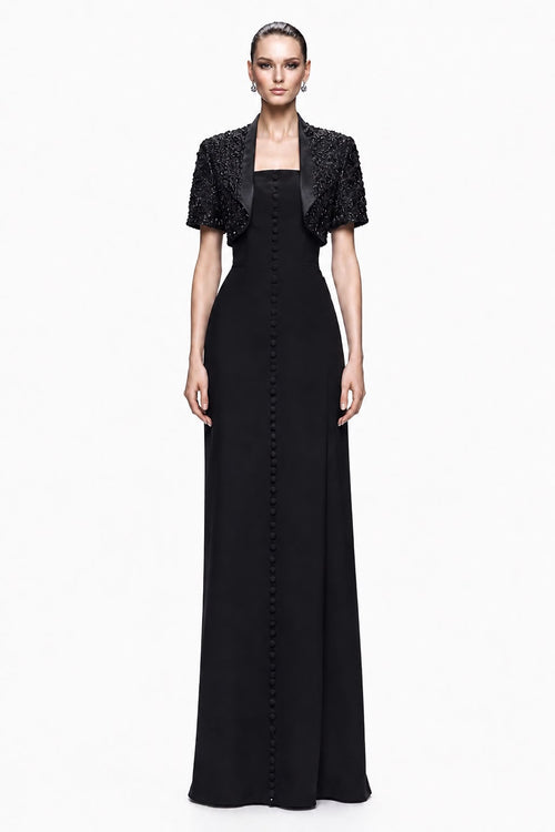 Black Crepe Bolero Button Gown - front