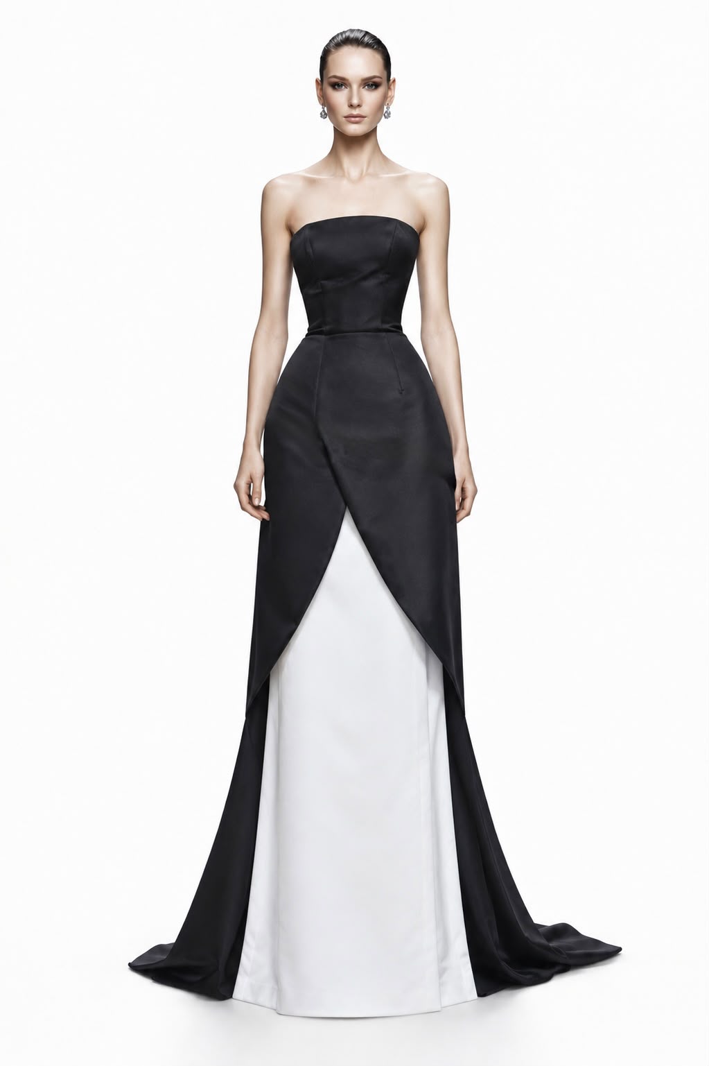 Black & Ivory Satin Overskirt Gown - front