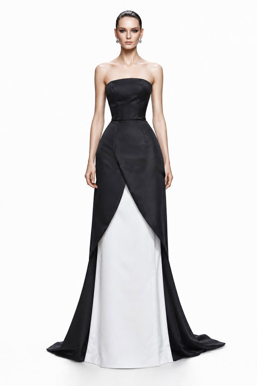 Black & Ivory Satin Overskirt Gown - front