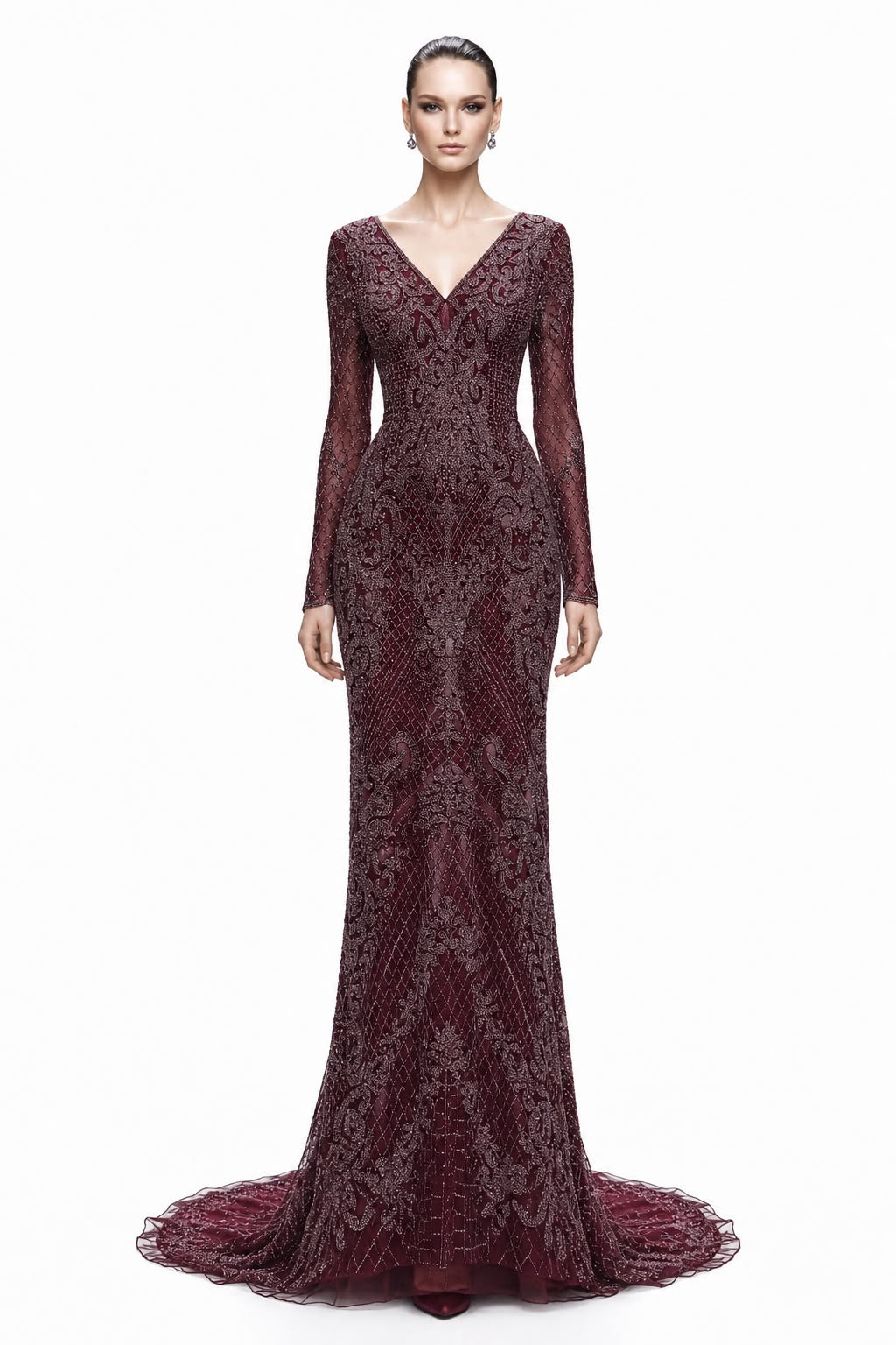 Burgundy Beaded Lace Long-Sleeve Gown - front