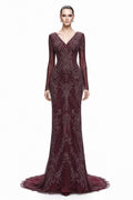 Burgundy Beaded Lace Long-Sleeve Gown - front
