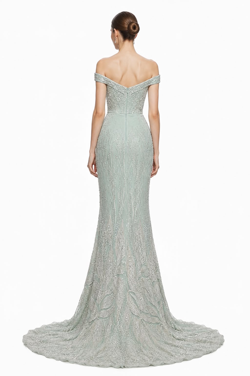 Sage Off-Shoulder Beaded Lace Gown - back