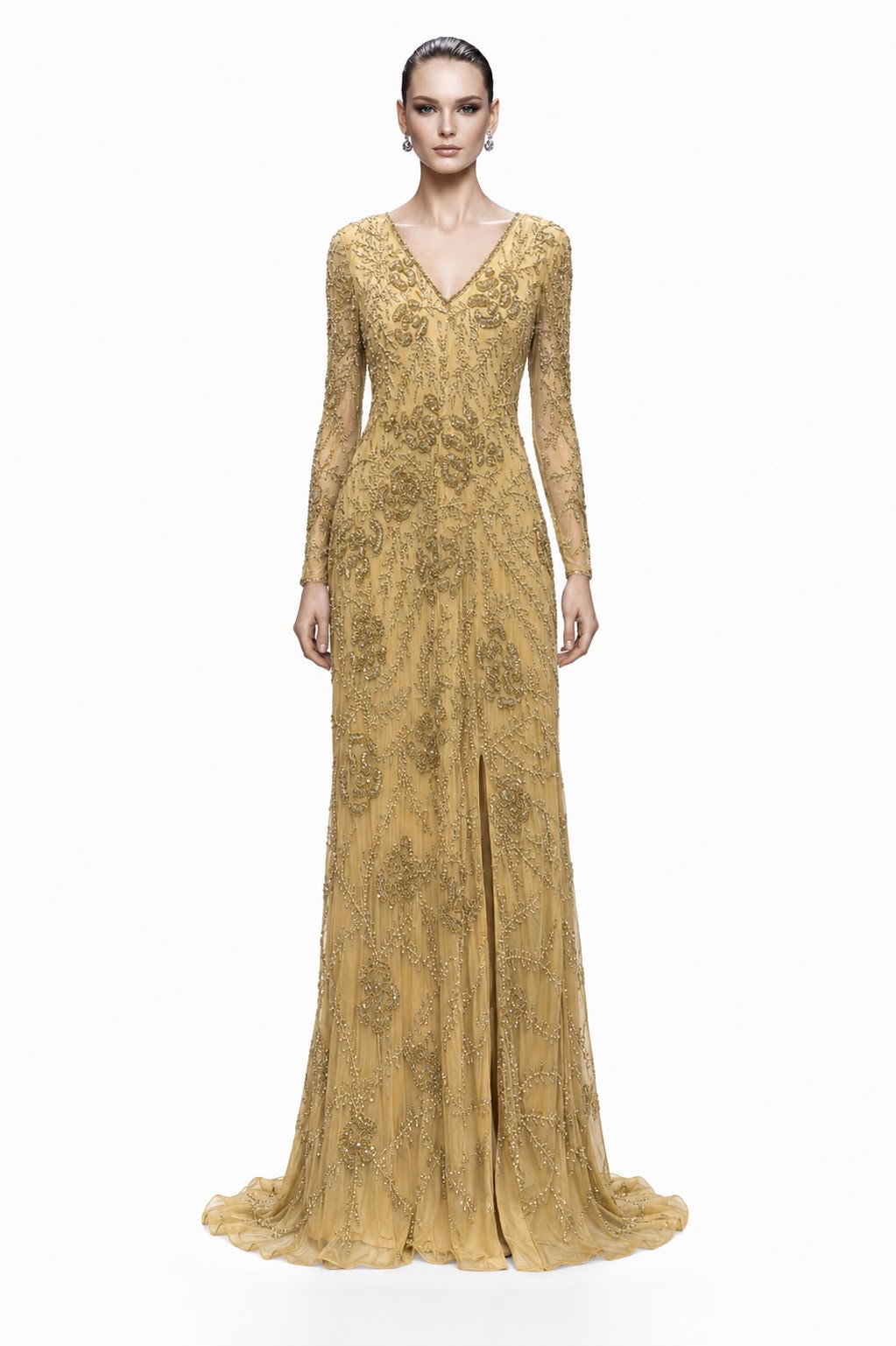Gold Beaded V-Neck Mermaid Gown - front