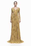 Gold Beaded V-Neck Mermaid Gown - front