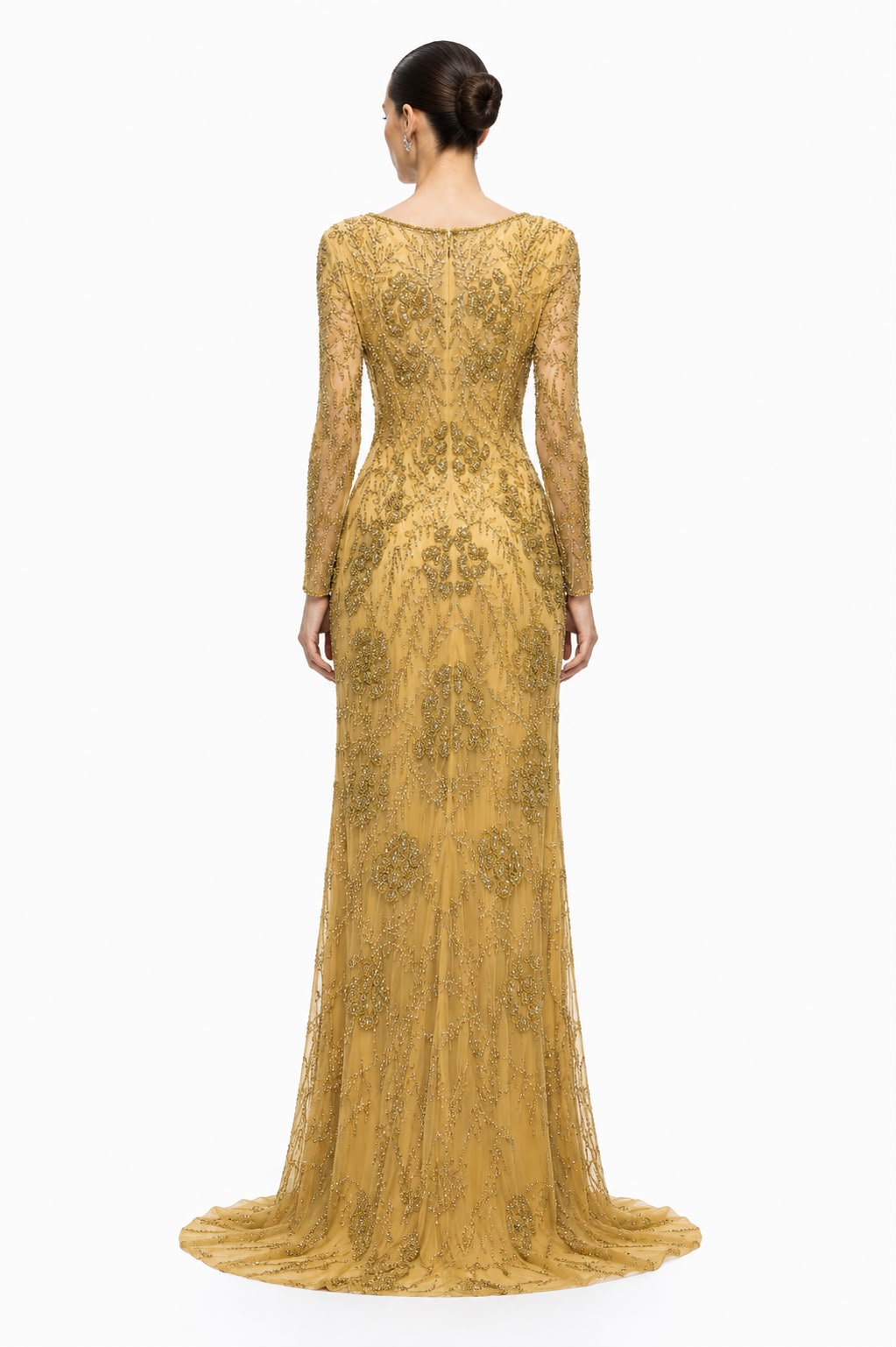 Gold Beaded V-Neck Mermaid Gown - back