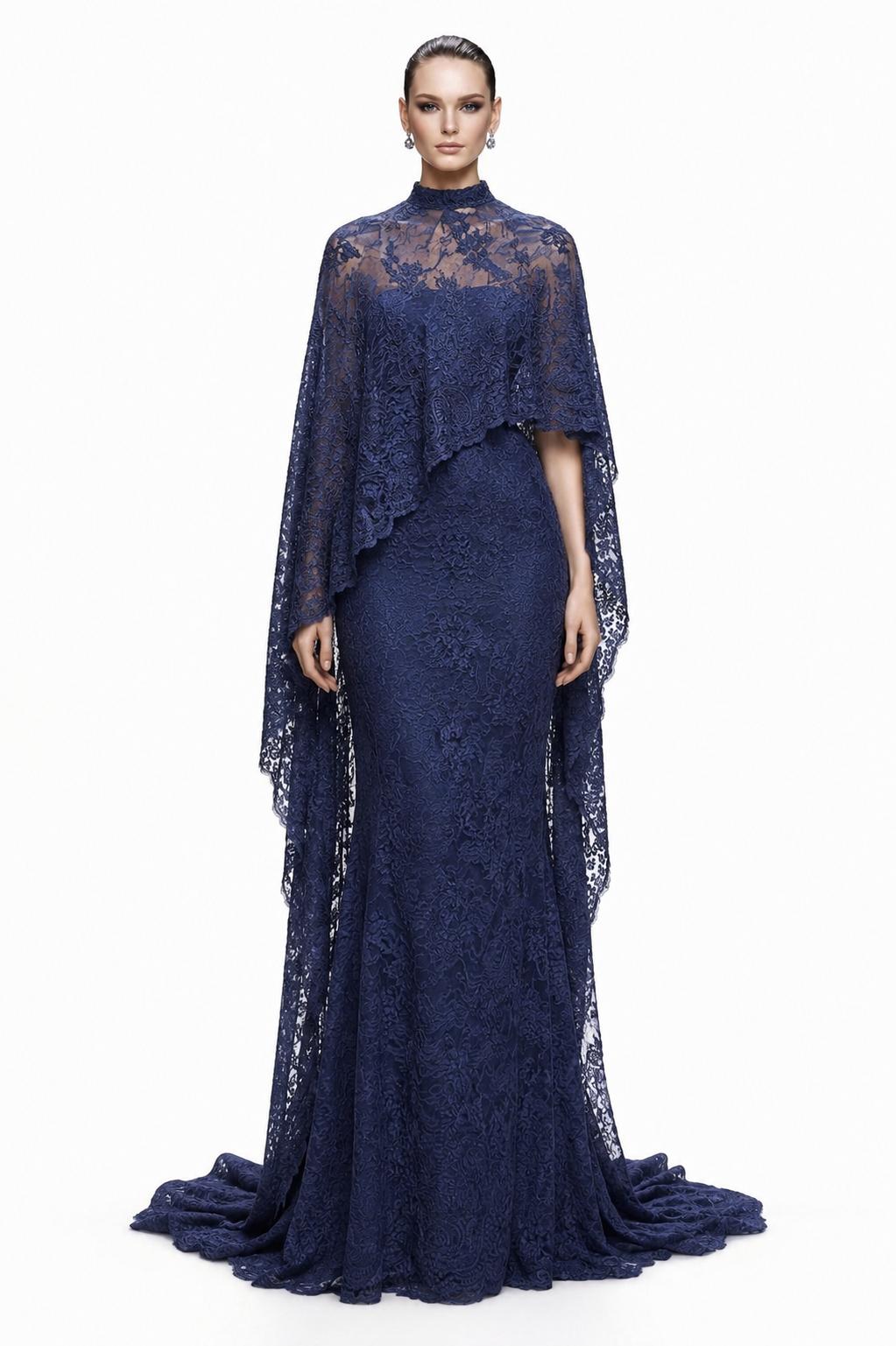 Navy Beaded Lace Cape Gown - front