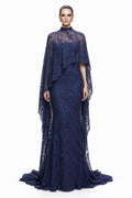 Navy Beaded Lace Cape Gown - front