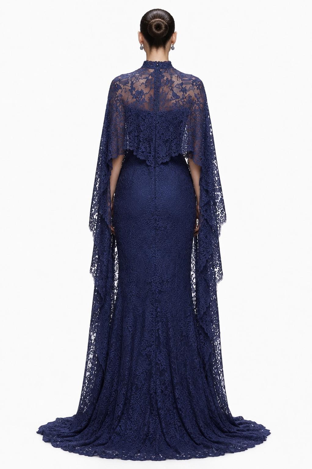 Navy Beaded Lace Cape Gown - back