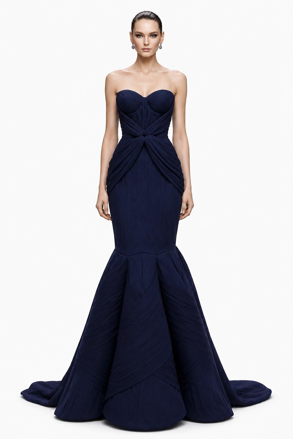 Navy Satin Bow Fishtail Gown - front