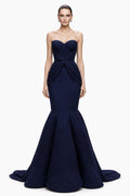 Navy Satin Bow Fishtail Gown - front