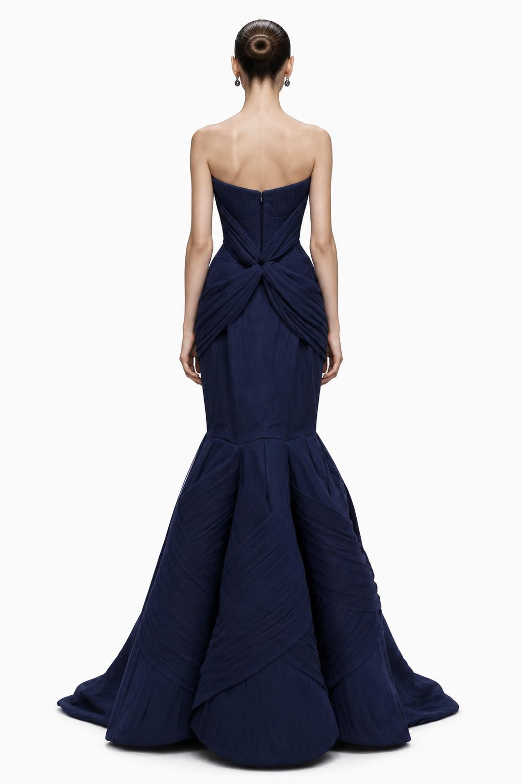 Navy Satin Bow Fishtail Gown - back