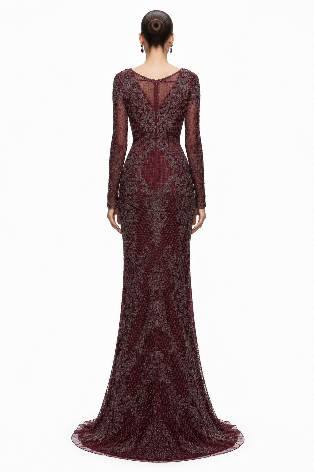 Burgundy Beaded Lace Long-Sleeve Gown - back