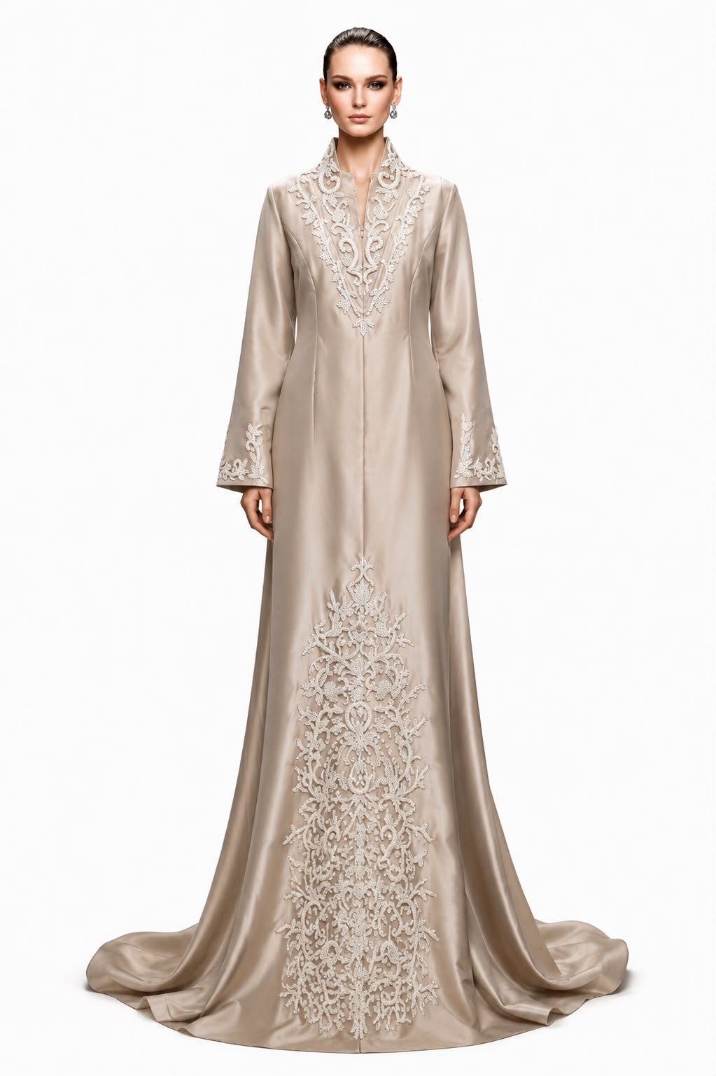 Champagne Embroidered Satin Kaftan Gown - front