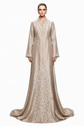 Champagne Embroidered Satin Kaftan Gown - front