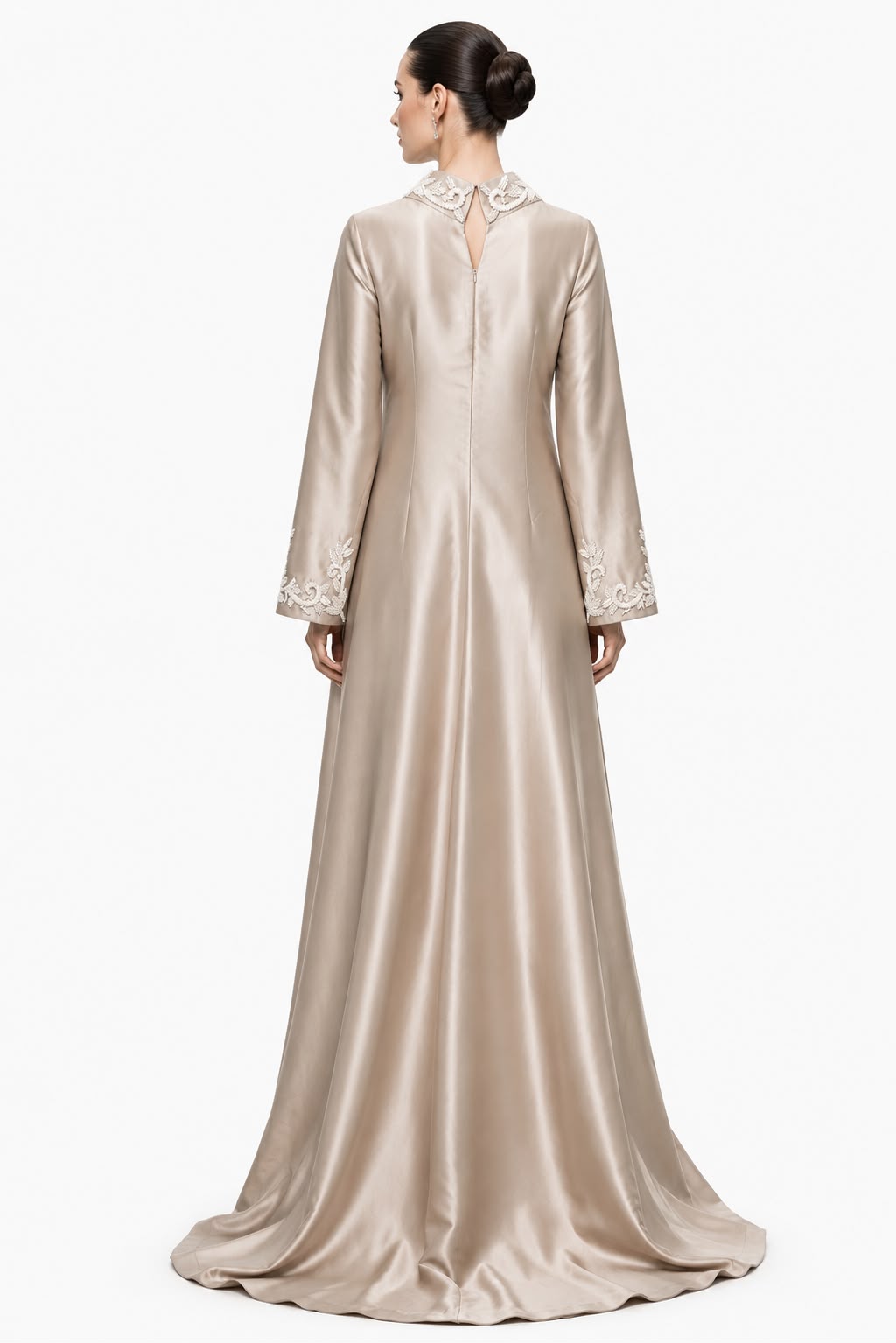 Champagne Embroidered Satin Kaftan Gown - back