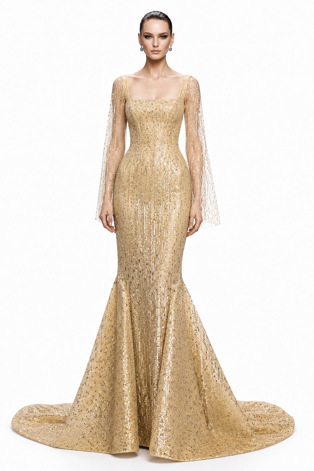 Gold Beaded Cape-Sleeve Mermaid Gown - front