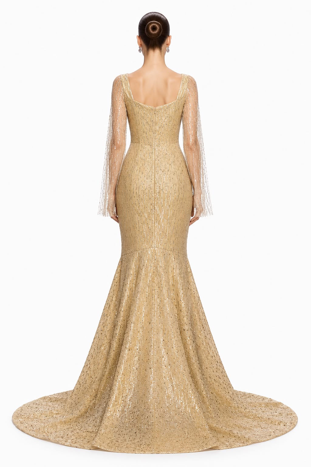 Gold Beaded Cape-Sleeve Mermaid Gown - back