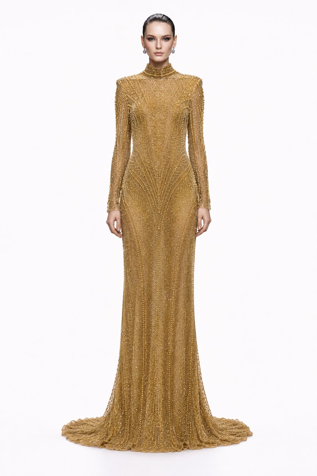 Antique Gold Beaded High-Neck Gown - front