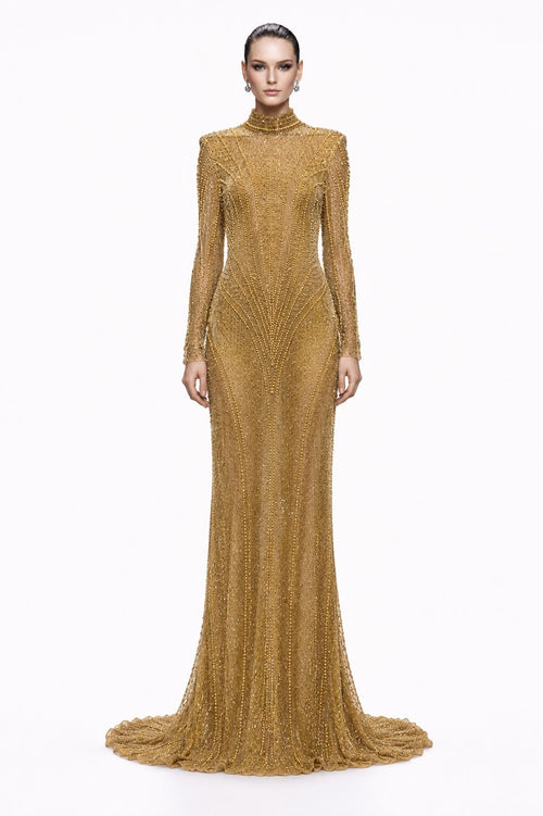 Antique Gold Beaded High-Neck Gown - front