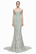 Sage Off-Shoulder Beaded Lace Gown - front