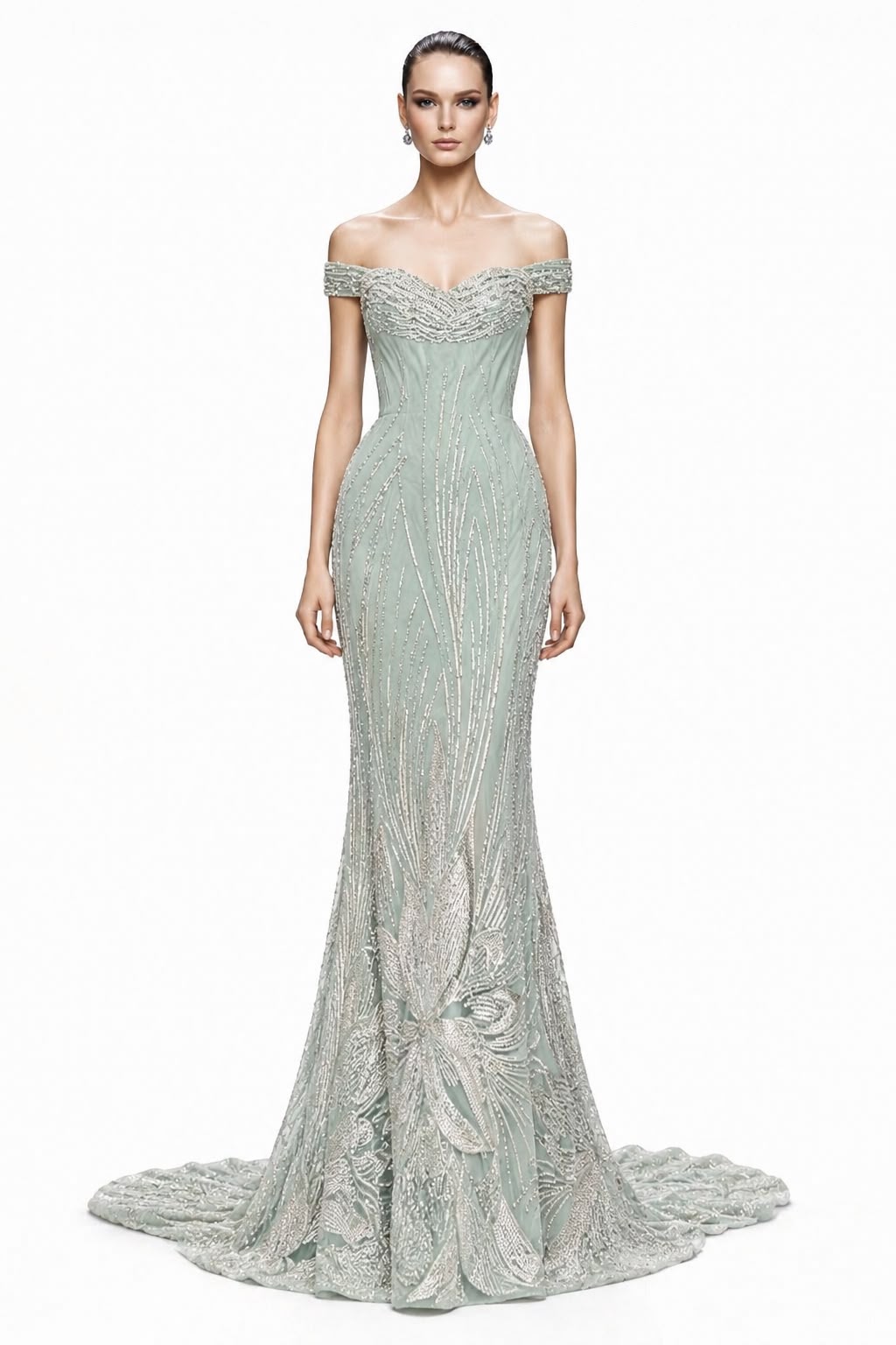 Sage Off-Shoulder Beaded Lace Gown - front