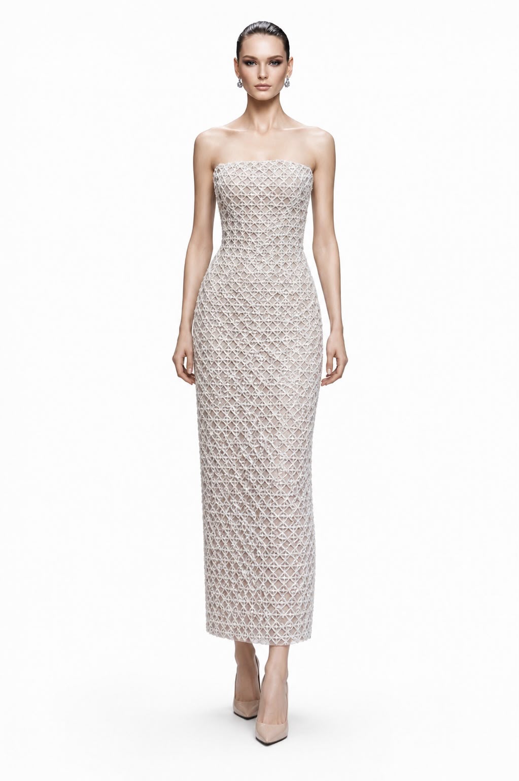 Ivory Lattice-Beaded Column Gown - front