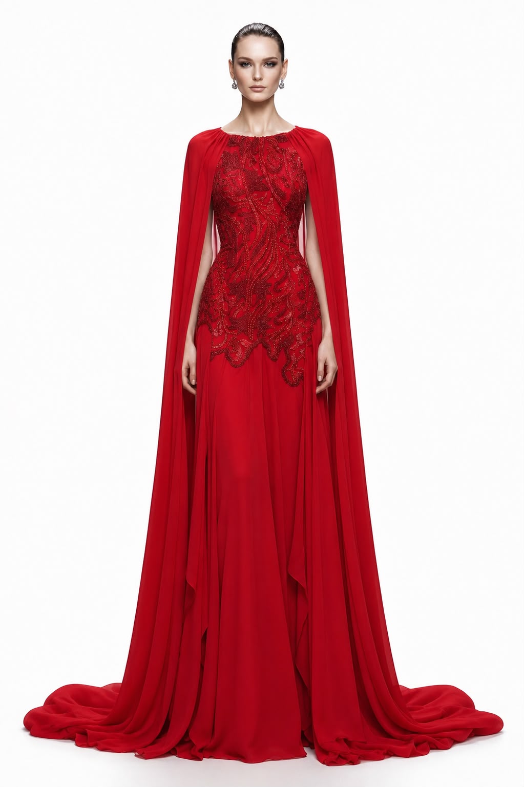 Red Beaded Cape Gown - front