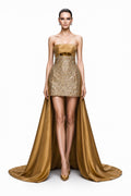 Gold Sequin Mini with Satin Train - front